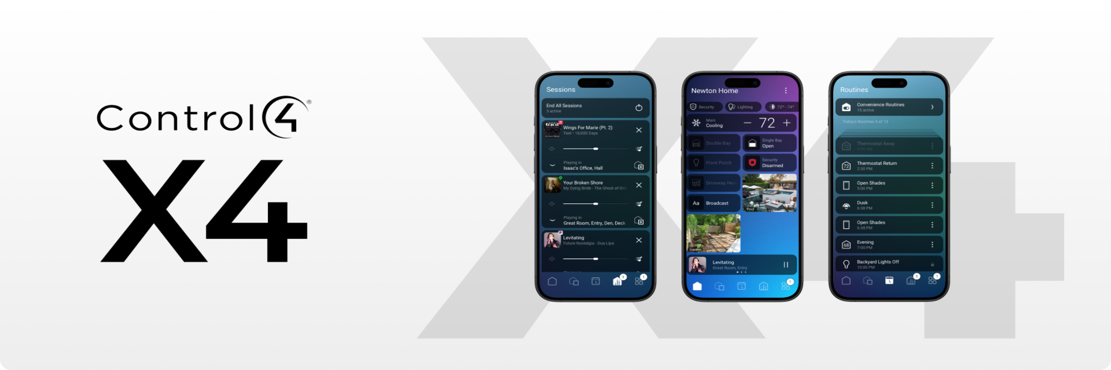 Three smartphones displaying app interfaces with 'Control4 X4' branding on a white background.